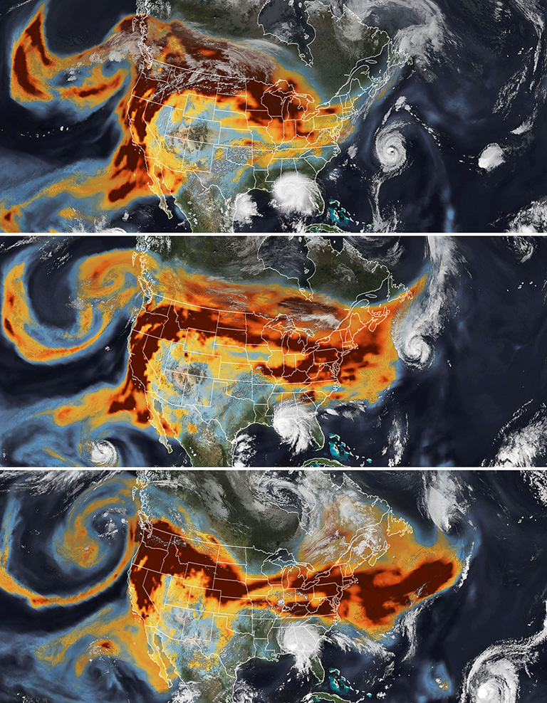 A series of images above shows the abundance and distribution of black carbon, a type of aerosol found in wildfire smoke, as it rode jet stream winds across the United States
