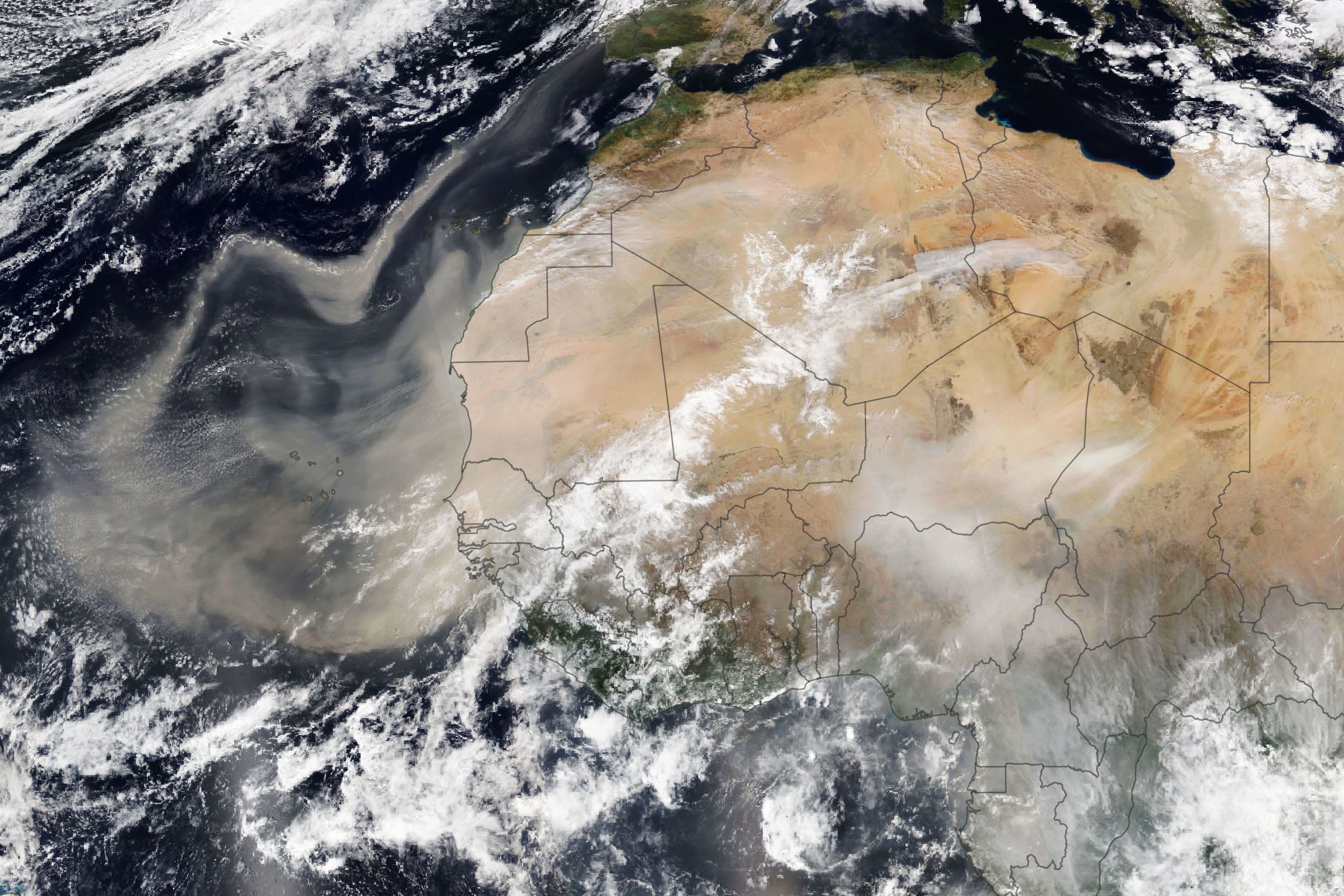 An image captured by the VIIRS instrument on the NOAA-20 satellite shows dust from the Saharan desert blowing west over the Atlantic
