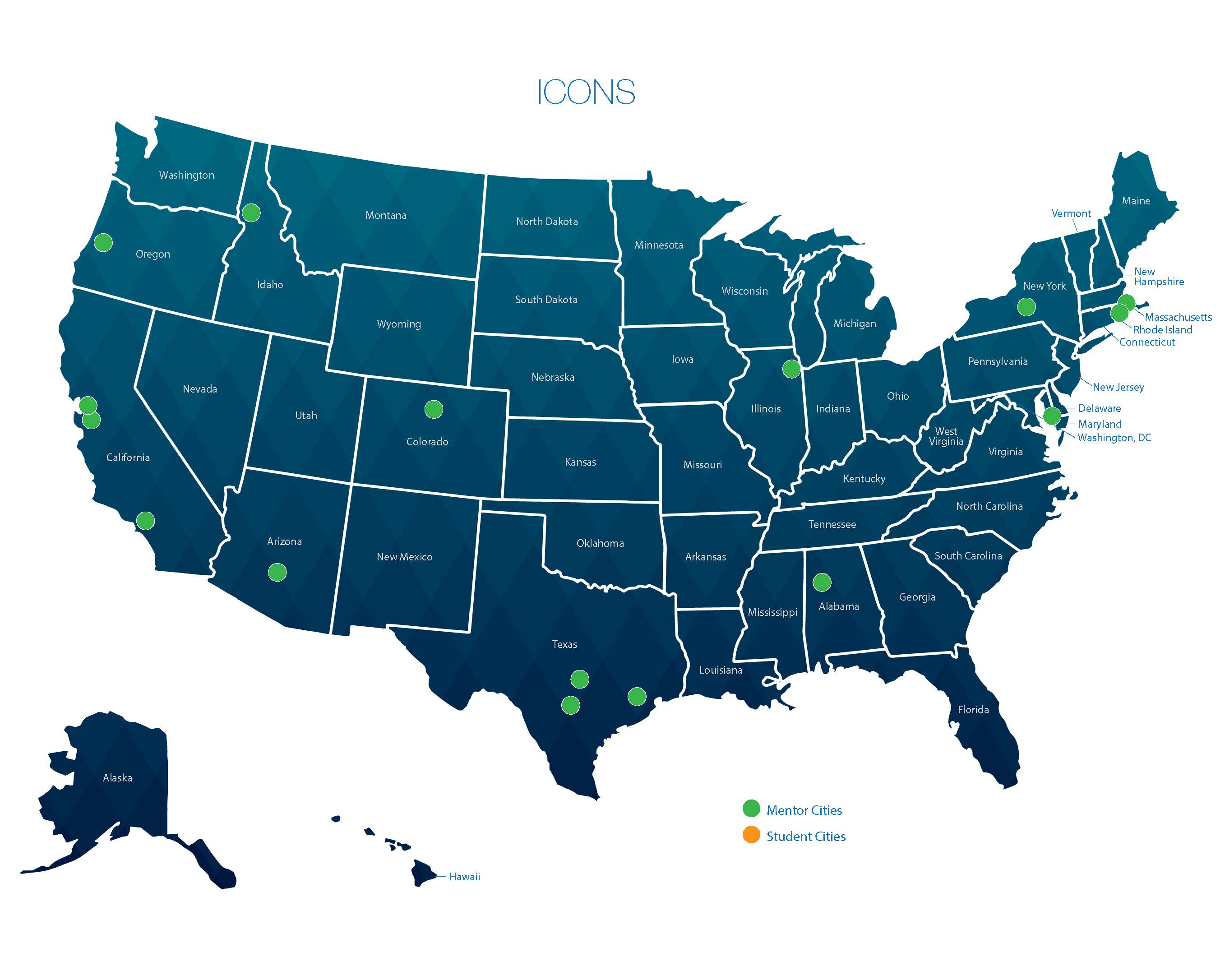 Green map of U.S. with dots showing mentor cities