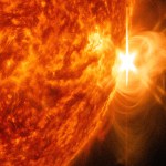 An X 1.4 solar flare erupted on the right side of the sun on the evening of April. 24, 2014. This composite image, captured at 8:42 p.m. EST, shows the sun in ultraviolet light with wavelength of both 131 and 304 angstroms. Cropped.