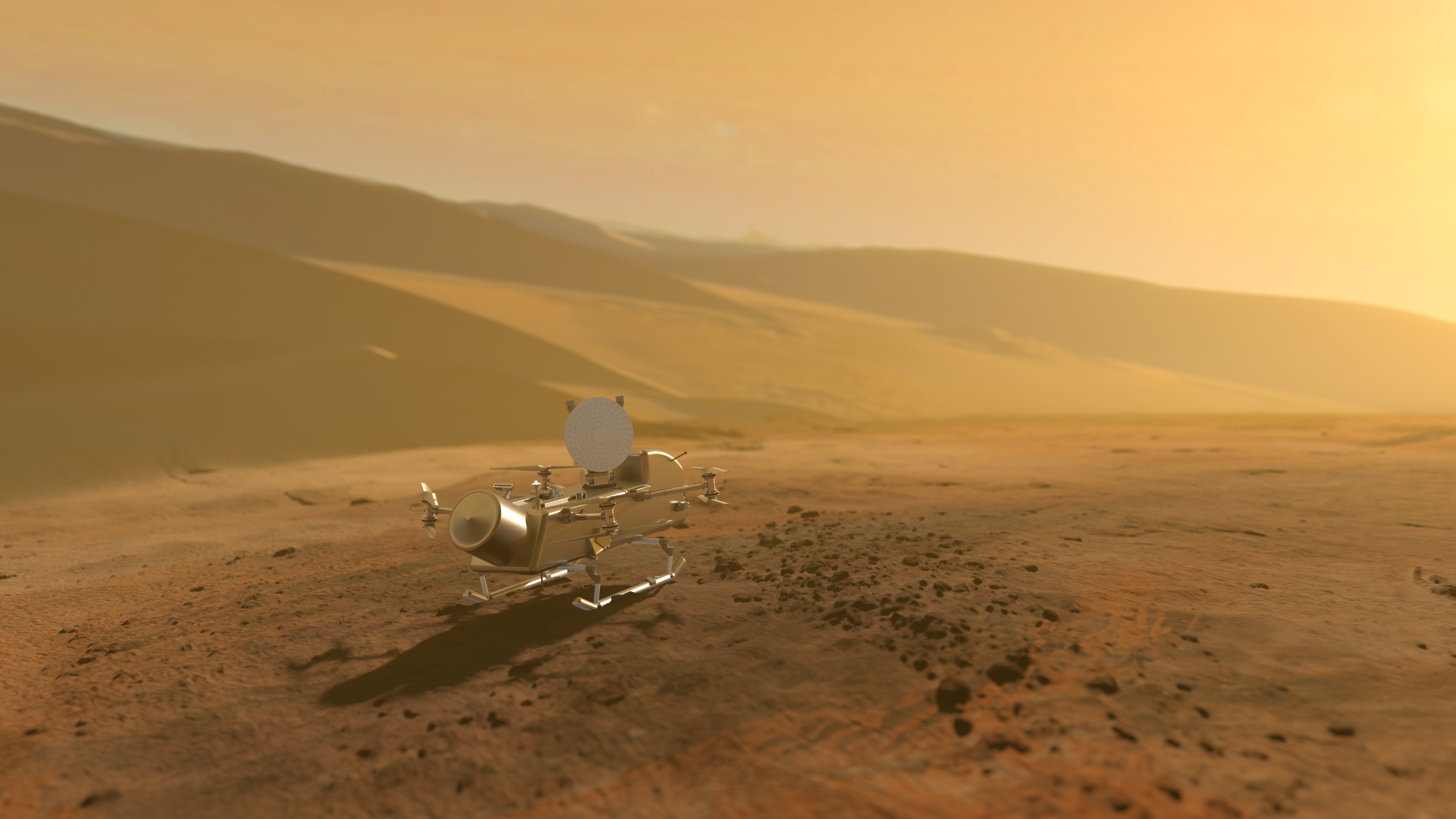 Artist’s Impression. Dragonfly Departs and heads off toward its next landing spot on Titan.