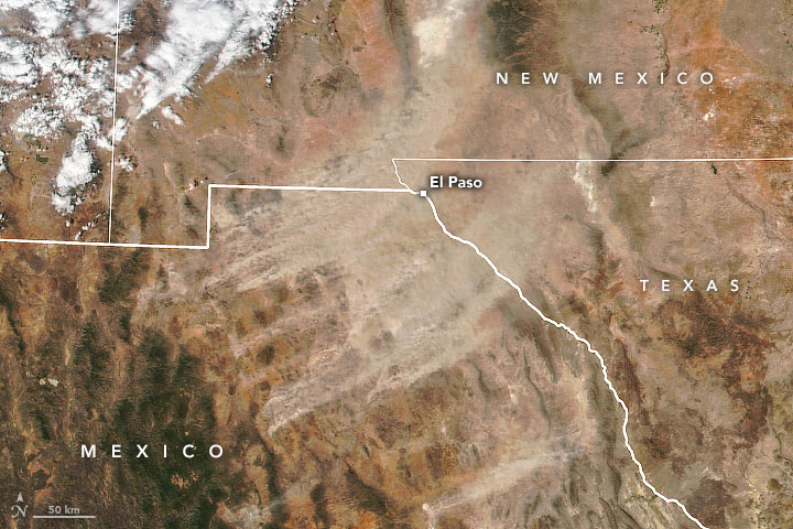 On March 16, 2021, images acquired by the Visible Infrared Imaging Radiometer Suite (VIIRS) on the NASA/NOAA Suomi NPP satellite show large dust plumes sweeping across New Mexico, Texas, and Mexico.