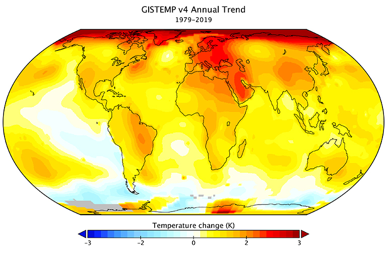 NASA GISS Surface Temperature Analysis (GISTEMP v4) trend map of observed global surface temperature change for the period from 1979 to 2019. Future global warming depends on Earth's climate sensitivity and our emissions. Credit: NASA's Goddard Institute for Space Studies