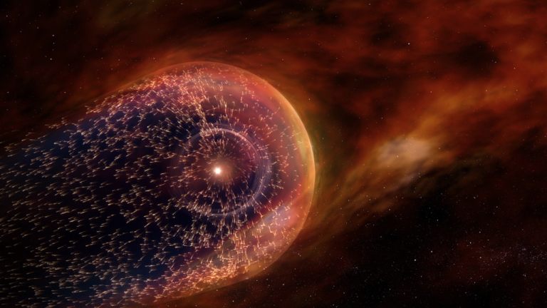 An illustration that shows a black background with an orange and red haze. On the left is a red and purple bubble that's slightly oblong, as if it's being pushed in one direction. Inside that bubbe is a gray ring, then a small yellow dot — the Sun.