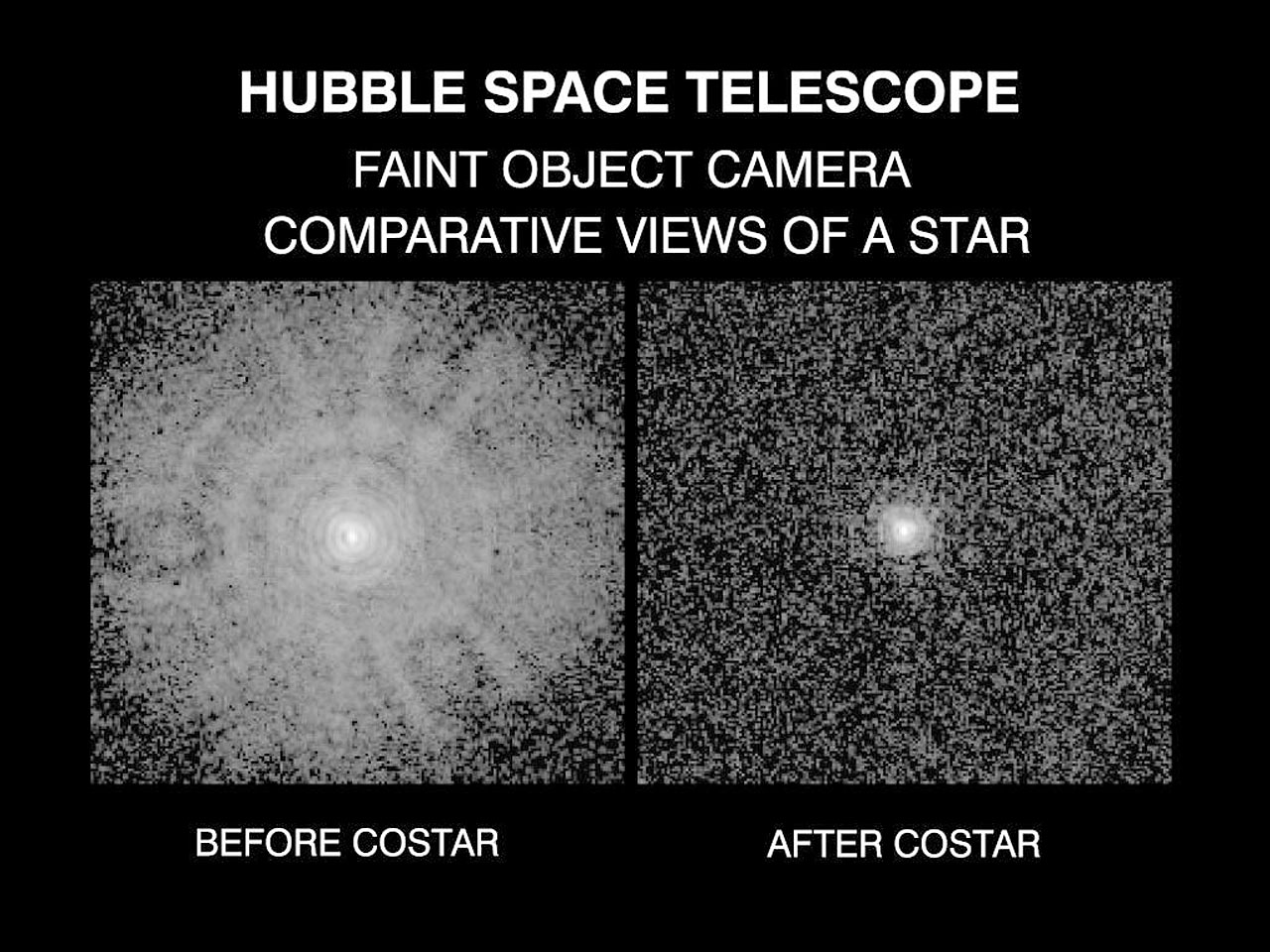 Two grey, black, and white images. Left: At image center is a star with a haze surrounding it. The haze holds brighter lines that appear to radial spread bisect the haze at regular intervals. Right: A bright star at image center.