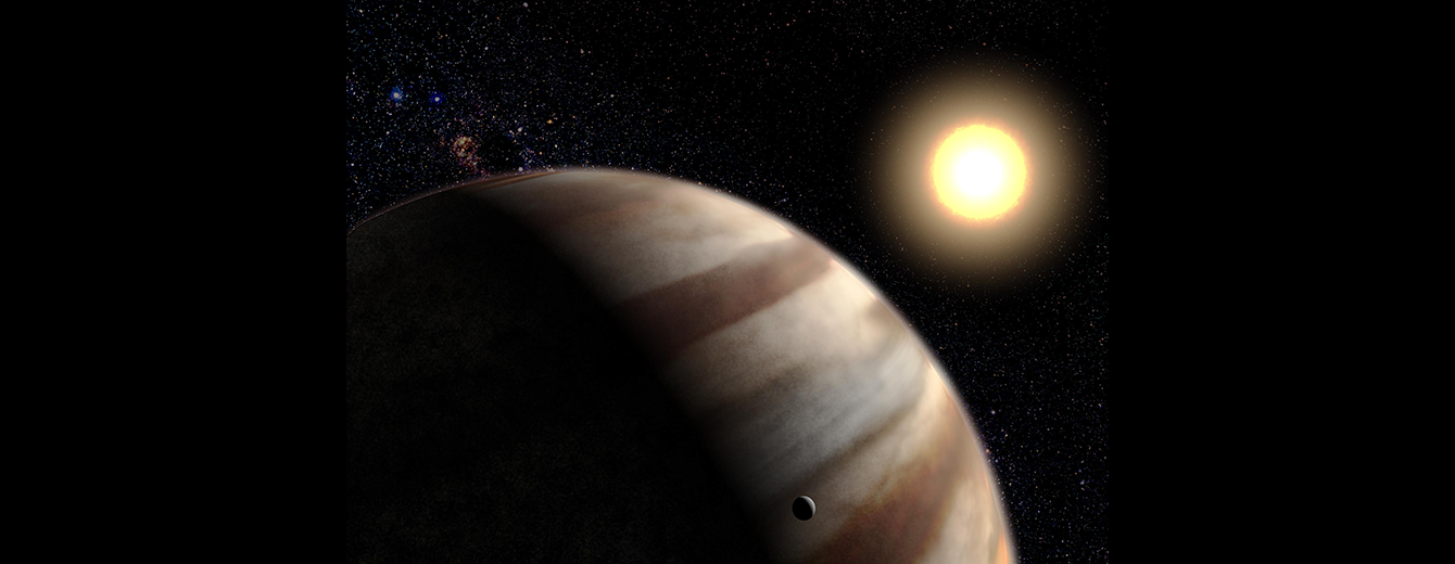 A exoplanet and its yellow-white star. The planet is bottom-center of the image. It is striped with light and dark clouds. The star is above and to the right of the planet.