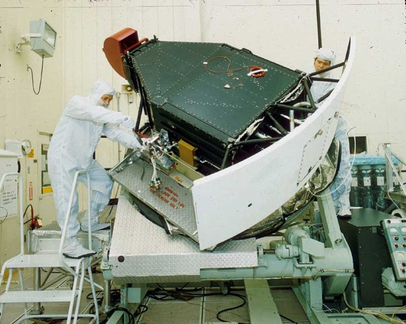 Two men in white suits are in a clean room testing Hubble's Wide Field and Planetary Camera 2.