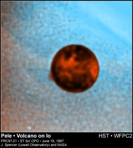 A mottled, reddish-orange sphere sits on a blue and light orange background. A plume of reddish-orange gas extends from the left side of Io.
