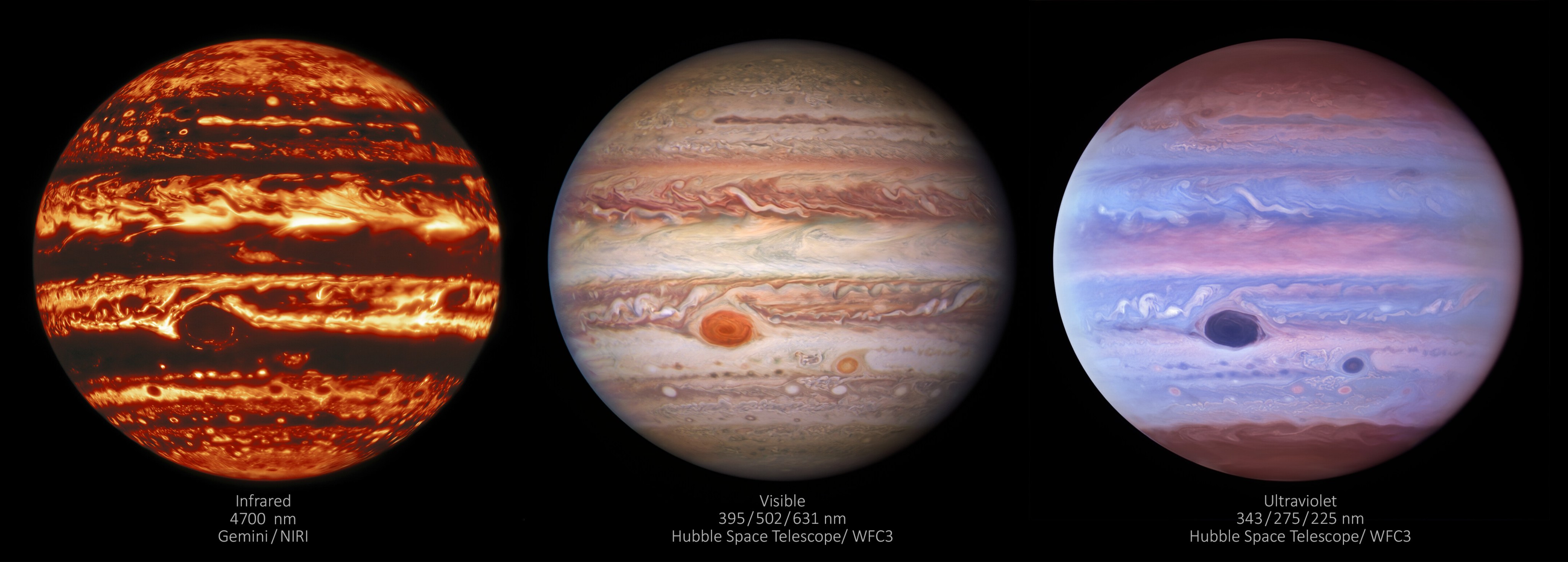 Three images of Jupiter, from left to right: Infrared Jupiter holds bright yellow, deep red, orange and marron stripes. The Great Red Spot is a deep maroon. The middle image is in the visible light our eyes are sensitive to. It reveals horizontal stripes in muted tones of red and orange along with wide white bands. The Great Red Spot is deep orange with bands of dark red. The final image is in ultraviolet. Here Jupiter's cloud bands are in tones of blue, pink and purple. The Great Red Spot appears as a dark blue.