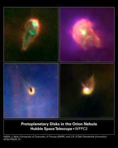 Four images of planetary disks in Orion. Upper-left looks like an upside down raindrop that is reddish with bright blobs of bright-green within. Upper-right is a pink, gaseous blob with a bright yellow spot within. Lower-left is a bright-yellow crescent with a dark core against a blue background. Lower-right image is a bright-yellow crescent with a long tail and a bright-white core against a black background.