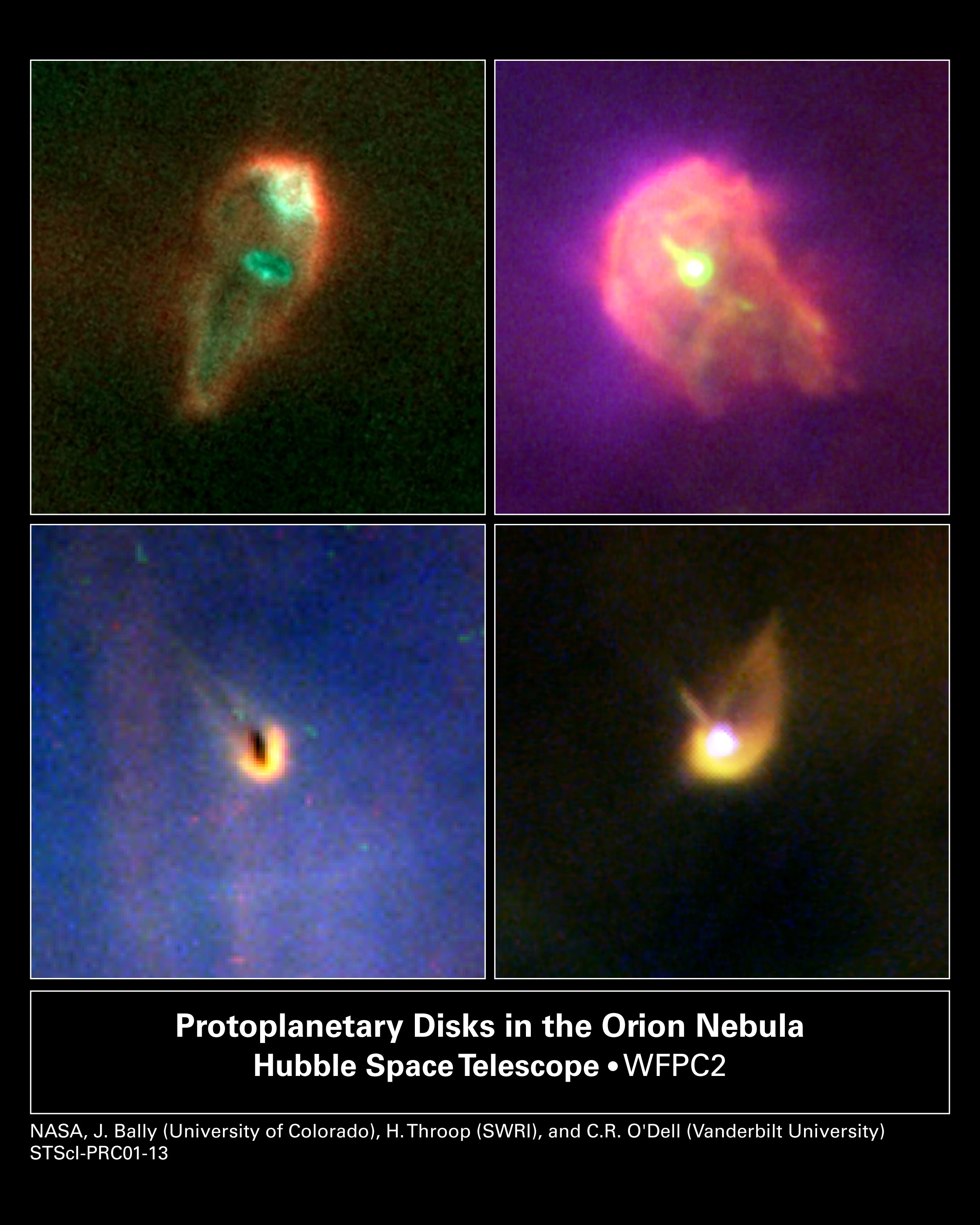 Four images of planetary disks in Orion. Upper-left looks like an upside down raindrop that is reddish with bright blobs of bright-green within. Upper-right is a pink, gaseous blob with a bright yellow spot within. Lower-left is a bright-yellow crescent with a dark core against a blue background. Lower-right image is a bright-yellow crescent with a long tail and a bright-white core against a black background.