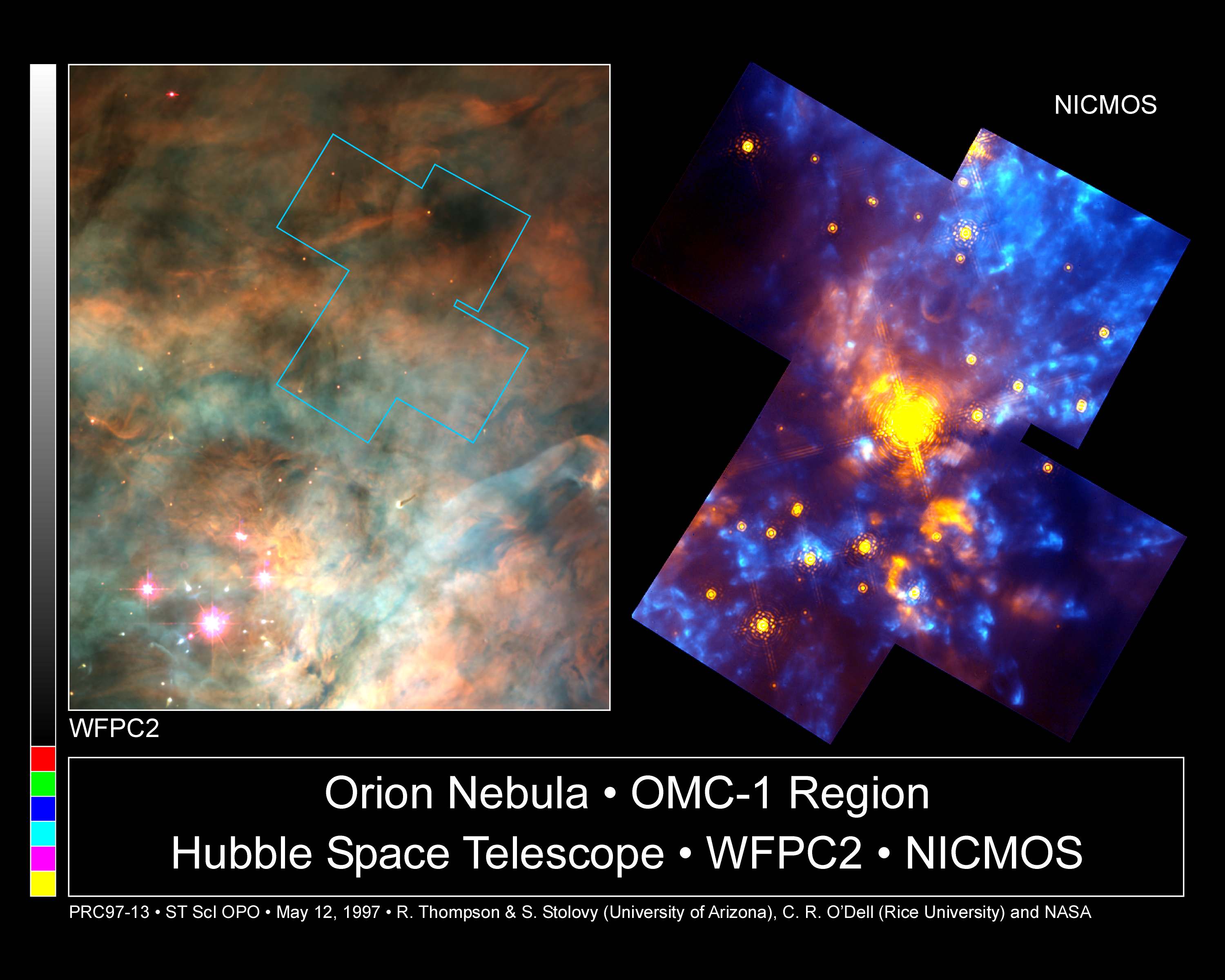 Two images: The left side holds a colorful cloud in hues of green, pink, white, yellow, and light blue. The right side holds a bright yellow spot surrounded by clouds of yellow, reddish-orange, purple, and blue.
