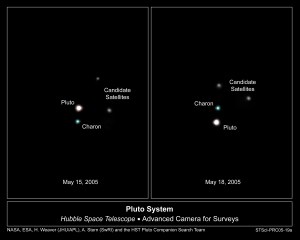 Two images: Left May 15, 2005. A white circle at image center is Pluto. Charon is below Pluto and aqua in color color. The two dots to the upper right of Pluto are the suspected moons. Right: May 19, 2005. Charon is now above Pluto. The two suspected moons have also moved above Pluto.