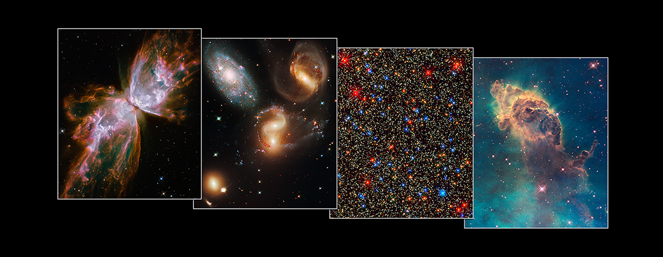 Left: two, lobed, white clouds expand from image center. They are edged by pink and reddish-pink clouds. Next: Galaxies, Next: A field of red, white, yellow, orange, and blue stars. Right: A greenish-blue background dotted with stars. A pillar of rusty-orang gas and dust rises from the bottom and extends across and toward the left of the image block.