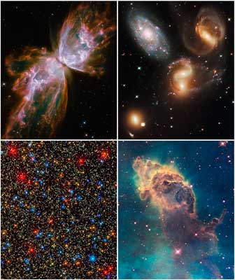 Top Left: two, lobed, white clouds expand from image center. They are edged by pink and reddish-pink clouds. Top Right: Galaxies. Bottom Left: A field of red, white, yellow, orange, and blue stars. Bottom Right: A greenish-blue background dotted with stars. A pillar of rusty-orang gas and dust rises from the bottom and extends across and toward the left of the image block.