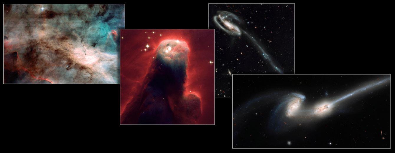 Four images. Left: The Omega Nebula is a colorful cloud that fills the screen. Next is the Cone Nebula that looks like a dark red pillar the top of which holds bright-white stars. The next image the Tadpole galaxy which is a spiral with a long tail. The far-right image is two interacting galaxies called, The Mice. They look like two, interacting bright blobs with long tails.