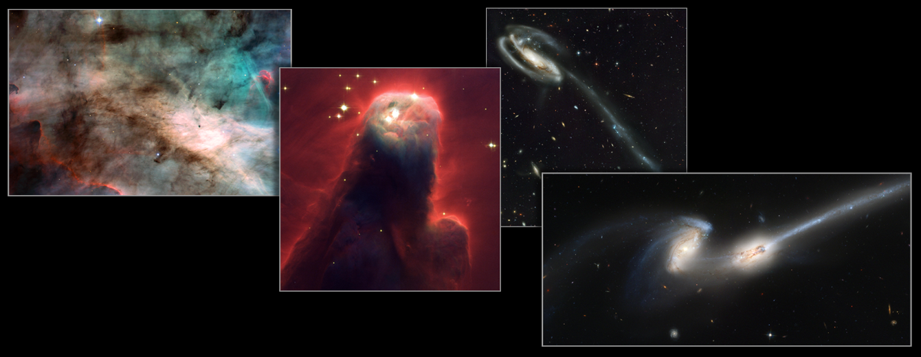 Four images. Left: The Omega Nebula is a colorful cloud that fills the screen. Next is the Cone Nebula that looks like a dark red pillar the top of which holds bright-white stars. The next image the Tadpole galaxy which is a spiral with a long tail. The far-right image is two interacting galaxies called, The Mice. They look like two, interacting bright blobs with long tails.