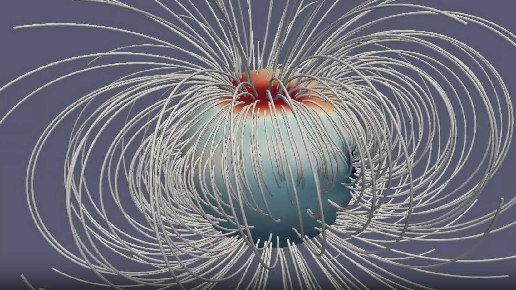Illustration of a magnetic field. It shows a round blue and red ball with curved spikes around it.