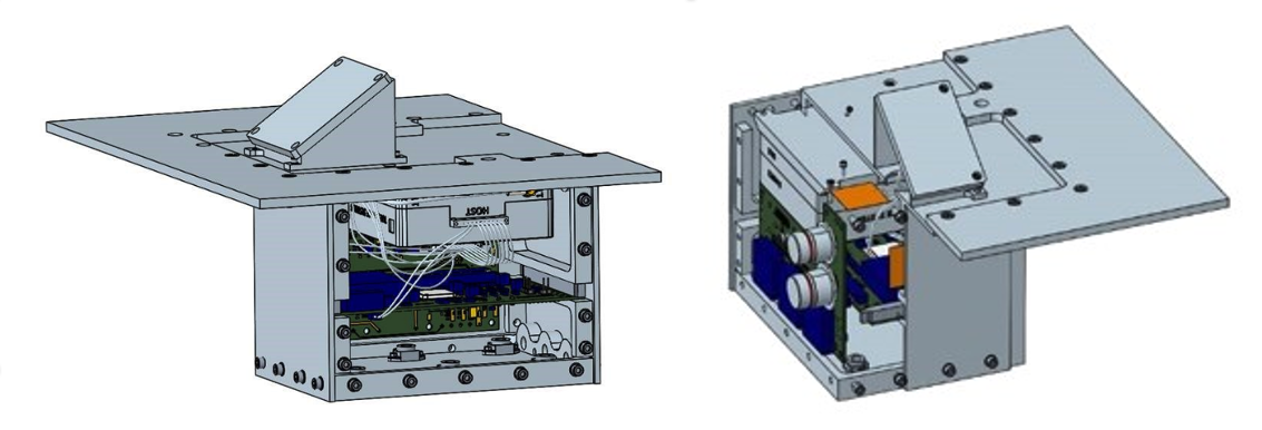 Left: a gray platform with a triangular structure mounted atop a gray cube. One side of the cube is cut away to show wiring and circuitry inside the cube. Right: the same structure shown rotated to show the elements inside the cube from a different angle.