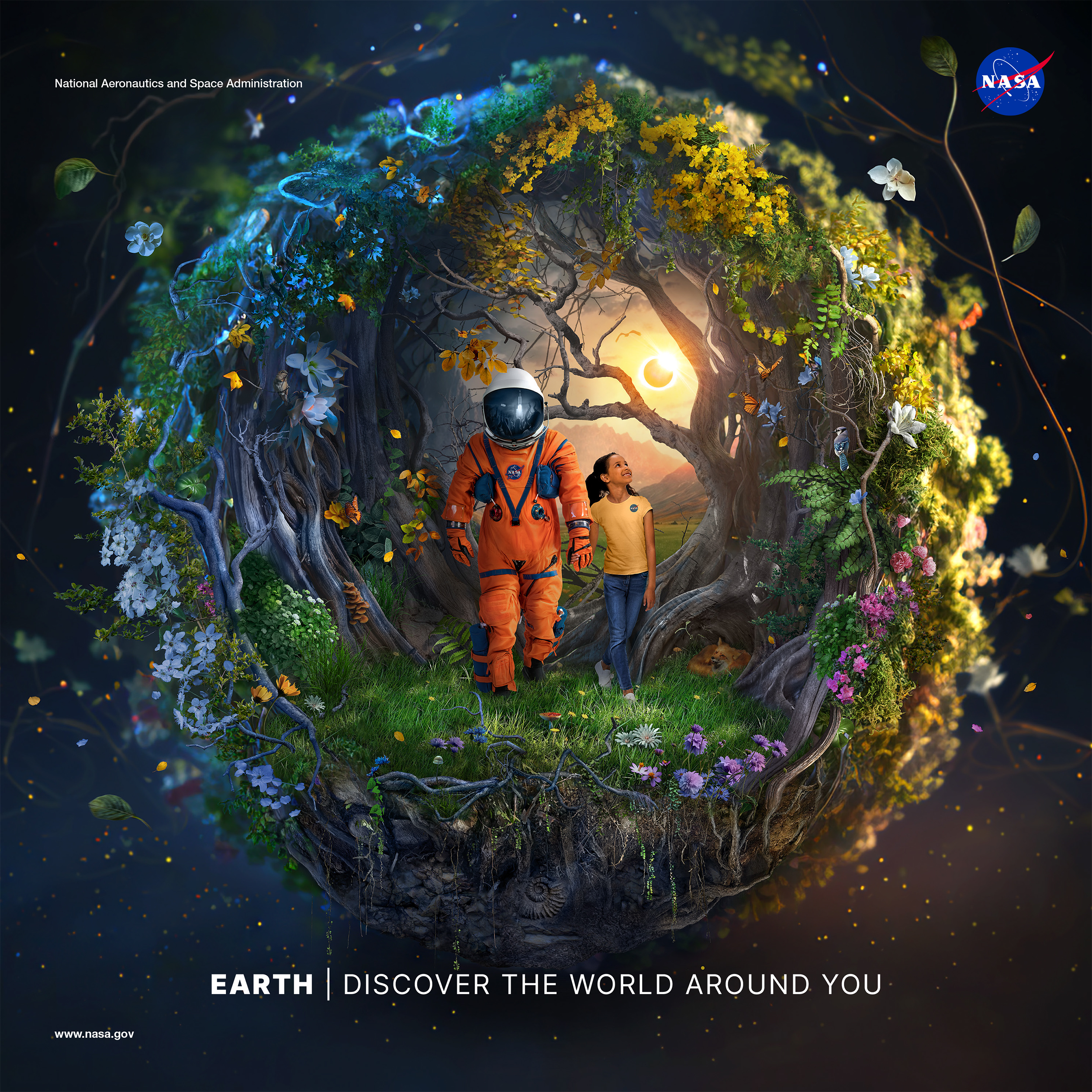 An artist’s concept featuring a colorful, sphere-like wreath composed of lush green trees, vines, flowers, and various plants and wildlife. The sphere floats in space with flower-petals and leaves drifting around like stars in the sky. In the center, an astronaut in an orange flight suit leads a little girl though a grassy clearing. The astronaut serves as a visual metaphor for NASA, leading the next generation of explores to discover the world around them. The Artemis 1 launch is reflected in the astronaut’s helmet. The little girl, who wears a yellow NASA shirt, looks around in amazement at the beauty surrounding her. She gazes at a couple of orange monarch butterflies, who perch on flowers nearby.  A fox looks on from under a tree, and birds watch from surrounding branches. A distant landscape can be seen beyond the clearing, with grassy fields and a hazy mountain range. An eclipse appears in the sky, alluding to the annular eclipse in October of 2023. 