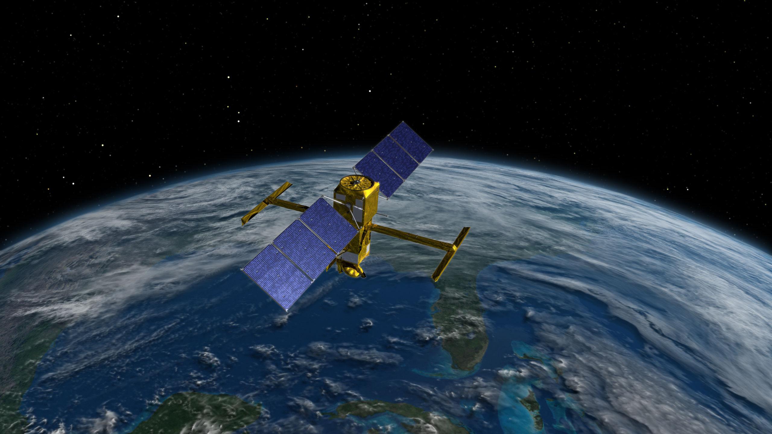 This illustration shows the international Surface Water and Ocean Topography (SWOT) satellite in orbit over Earth. SWOT’s main instrument, KaRIn, helps survey the water on more than 90% of Earth's surface.