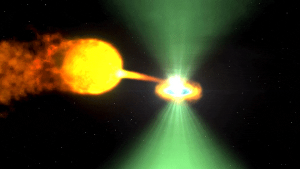 A binary system containing a pulsar that sometimes disrupts the stream coming from its companion star, which changes the type of emission it produces.