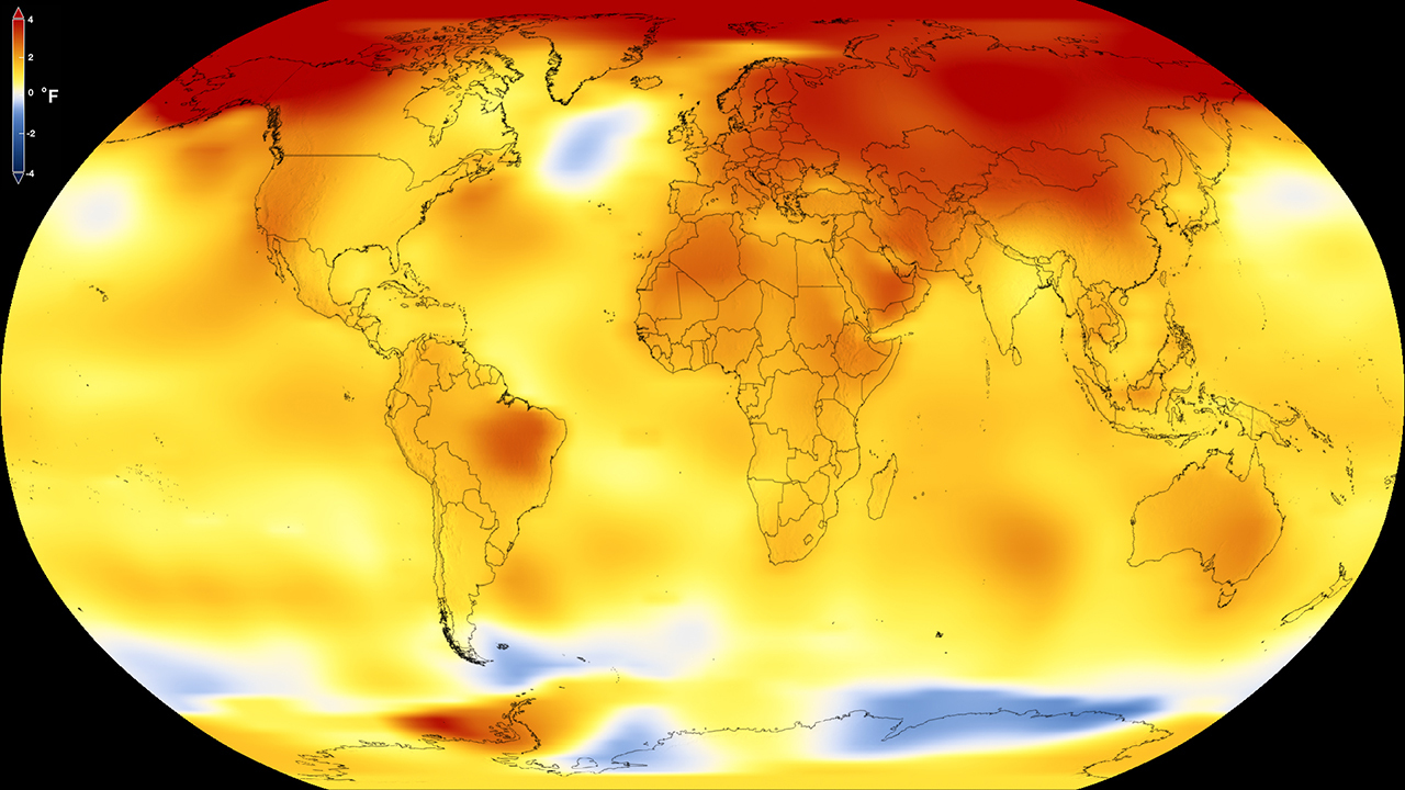 This map shows Earth’s average global temperature from 2013 to 2017, as compared to a baseline average from 1951 to 1980, according to an analysis by NASA’s Goddard Institute for Space Studies. Yellows, oranges, and reds show regions warmer than the baseline. Credit: NASA’s Scientific Visualization Studio.