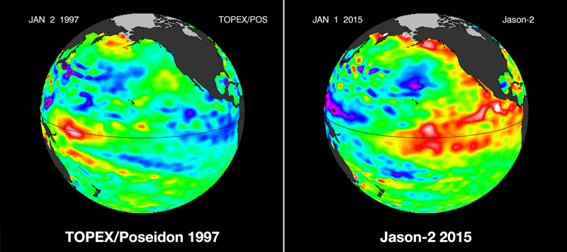 In this side-by-side visualization, Pacific Ocean sea surface height anomalies during the 1997-98 El Niño (left) are compared with 2015 Pacific conditions (right). The 1997 data are from the NASA/CNES Topex/Poseidon mission; the current data are from the NASA/CNES/NOAA/EUMETSAT Jason-2 mission.Caption: NASA/JPL-Caltech. Download this visualization in alternate formats.