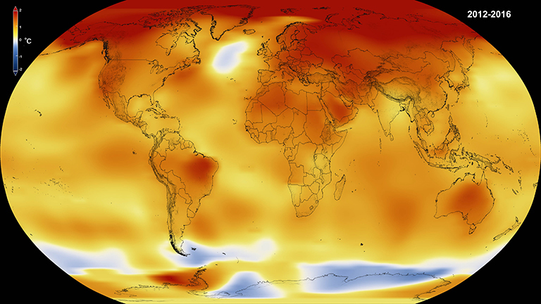 Global temperature anomalies averaged from 2012 through 2016 in degrees Celsius. Credit: NASA/Goddard Space Flight Center Scientific Visualization Studio. Data provided by Robert B. Schmunk (NASA/GSFC GISS).