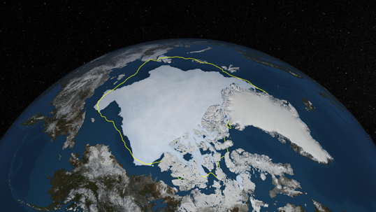 This image shows a visualization of Arctic sea ice cover on Sept. 12, 2013, with a yellow line showing the 30-year average minimum extent. A new study shows that the magnitude of surface darkening in the Arctic (due to the retreat of sea ice) is twice as large as that found in previous studies. Image Credit: NASA Goddard's Scientific Visualization Studio/Cindy Starr