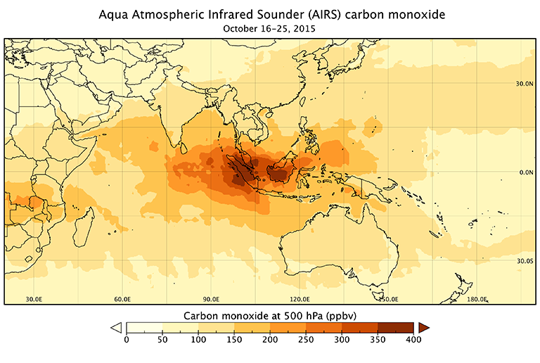 A closer view of carbon monoxide concentration over Indonesia, from October 16 to 25, 2015.