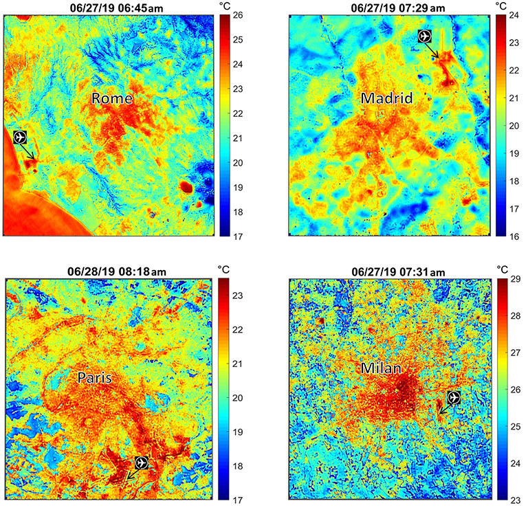 These maps of four European cities show ECOSTRESS surface temperature images acquired in the early mornings of June 27 and 28, 2019, during a heatwave. The images have been sharpened to delineate key features such as airports. Airports and city centers are hotter than surrounding regions because they have more surfaces that retain heat (asphalt, concrete, etc.). Credit: NASA/JPL-Caltech