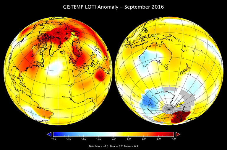 A map of the September 2016 LOTI (land-ocean temperature index) anomaly, showing that much of the warmer temperatures occurred in the northern hemisphere. (Credit: NASA/GISS)