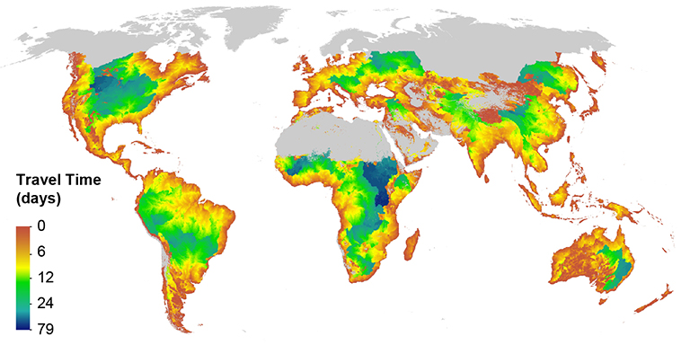 Global map of the minimum times it takes flood waves to exit the global river network.