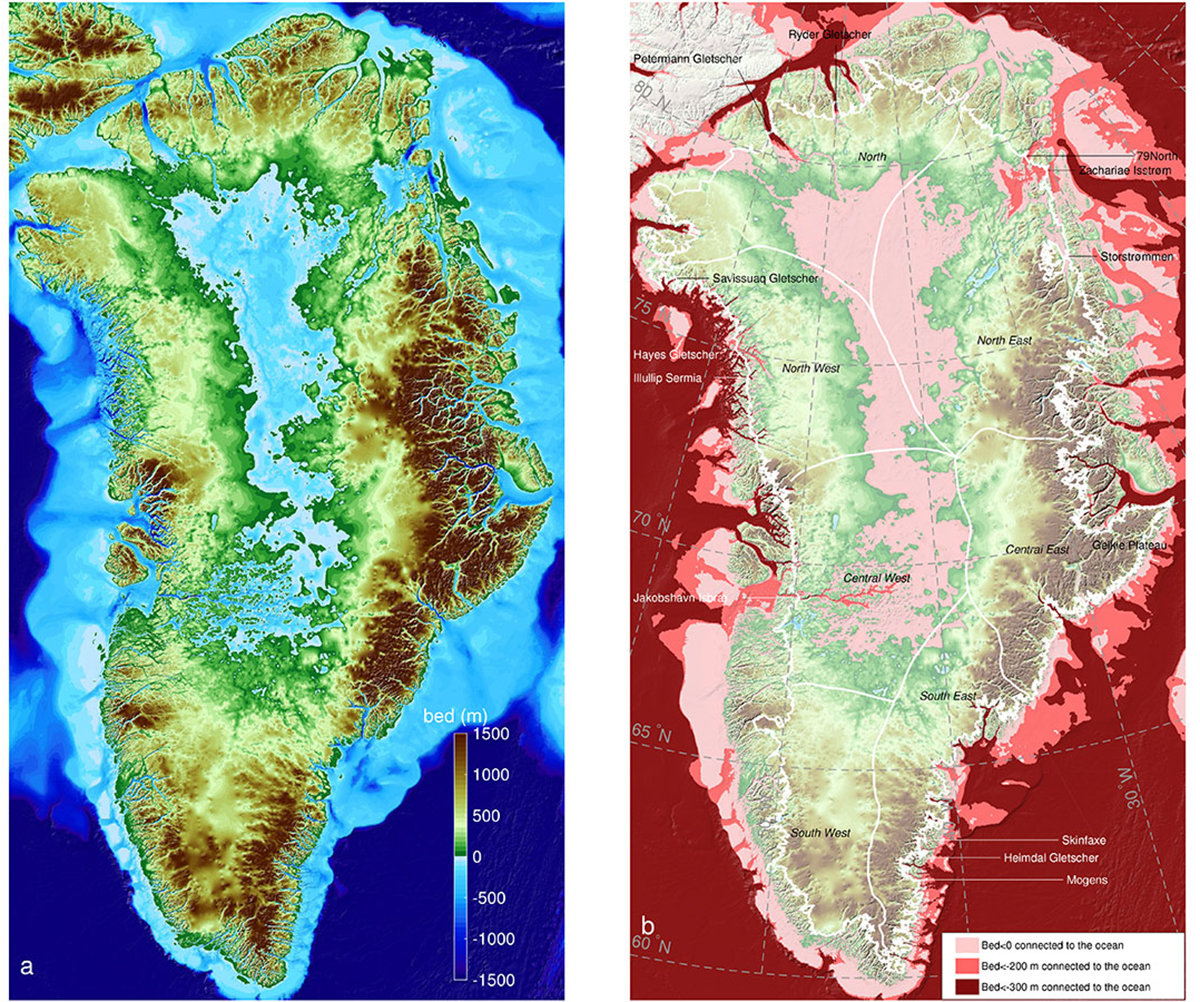 Side by side maps of Greenland - showing color coded topography of sea level change