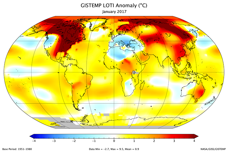 A map of the January 2017 LOTI (land-ocean temperature index) anomaly shows that most of North America and Siberia were much warmer than the 1951-1980 base period. Much of the rest of Asia was also relatively warm. Parts of Antarctica are gray because data from stations there had not yet been received. Credit: NASA/GISS.