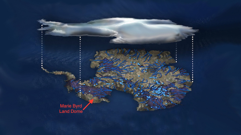 Illustration of lakes and waterways beneath Antarctic ice.