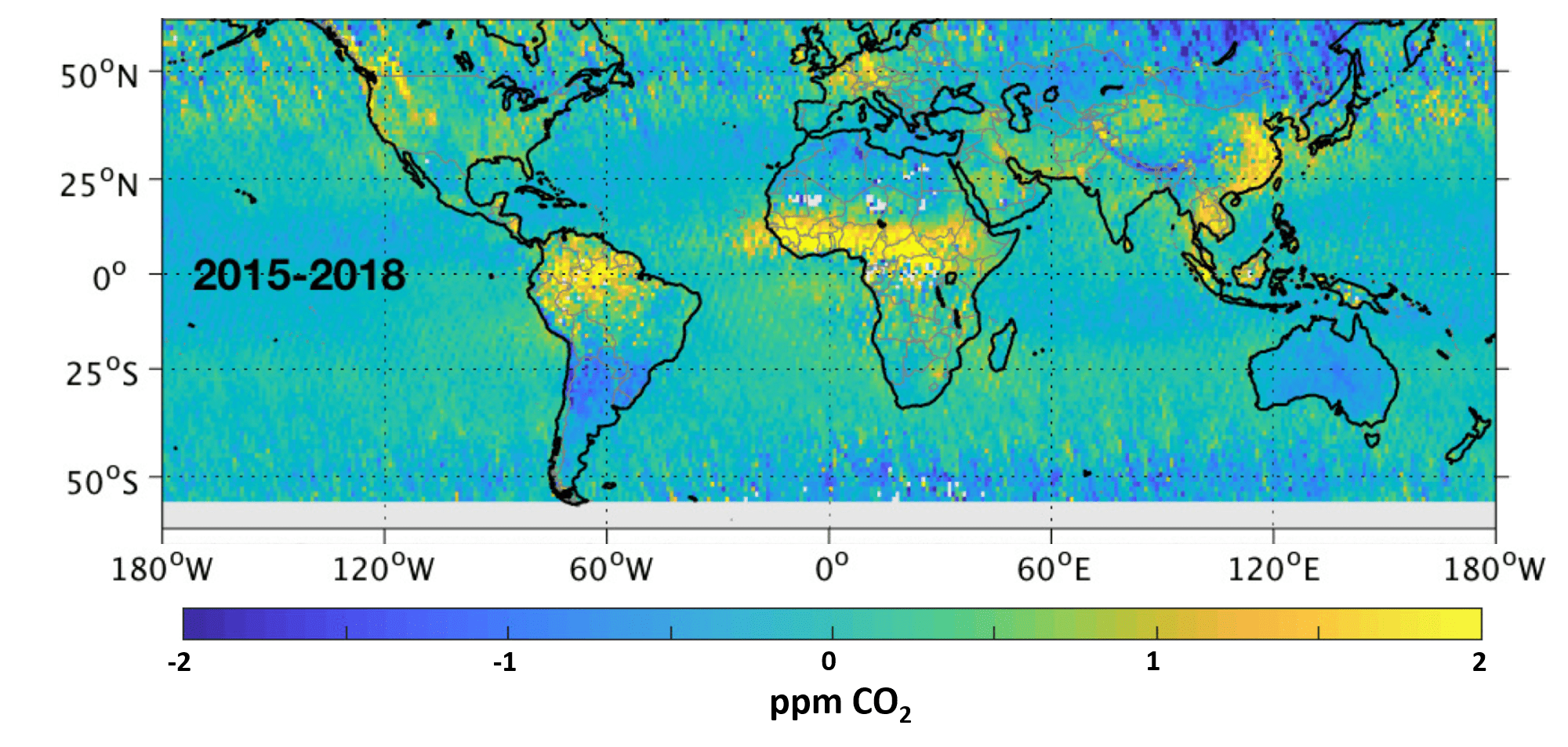 OCO-2 image of persistent CO2 anomalies around the globe