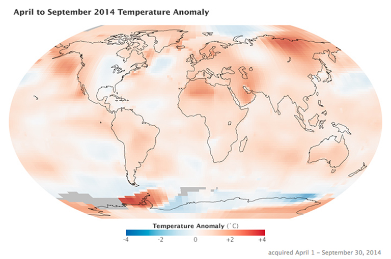 April to September 2014 temperature anomaly vizualization based on data from NASA's Goddard Institute for Space Studies. Credit: Kevin Ward/NASA's Earth Observatory