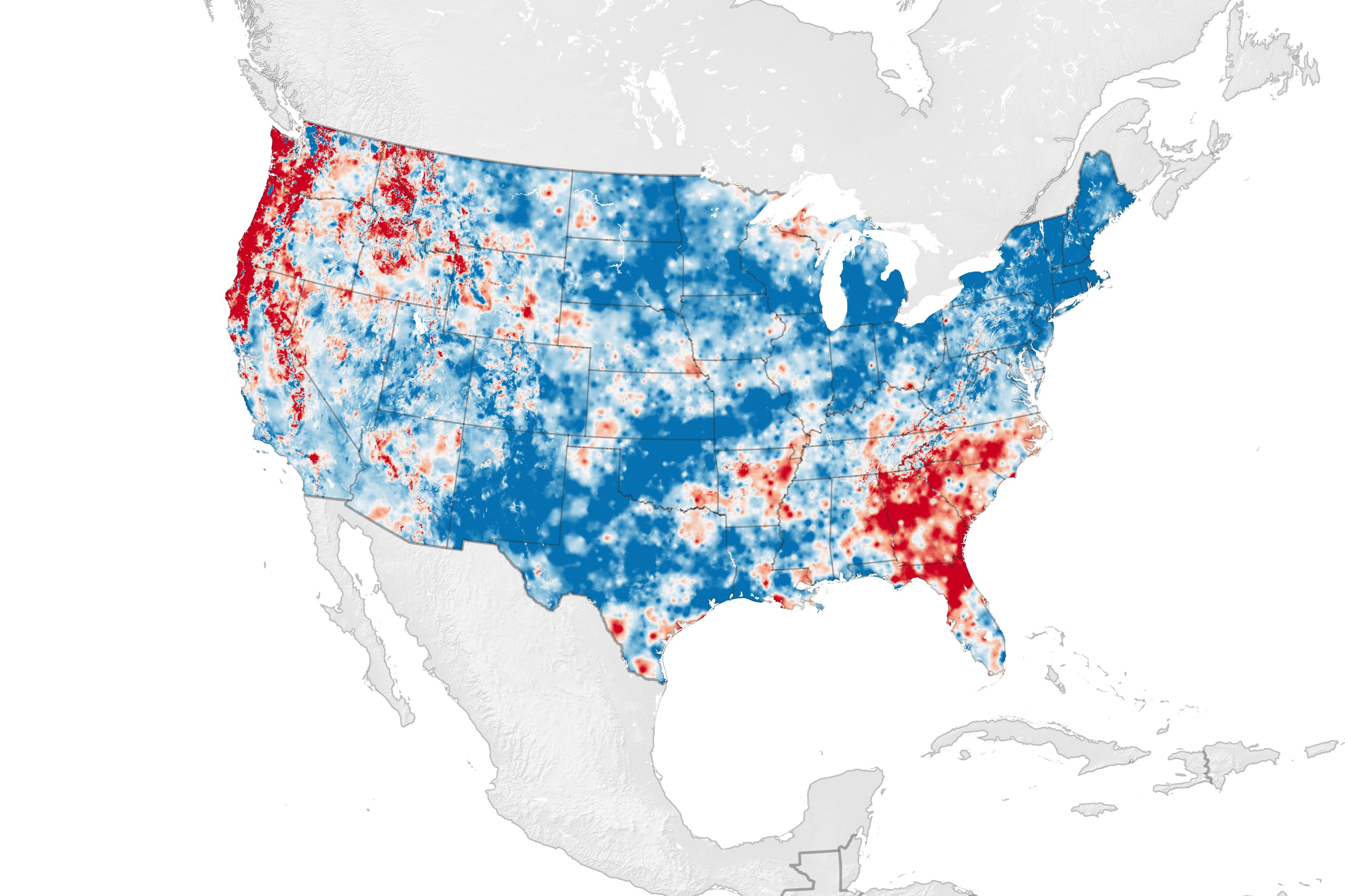 This map shows where the water cycle has been intensifying or weakening across the continental U.S. from 1945-1974 to 1985-2014.