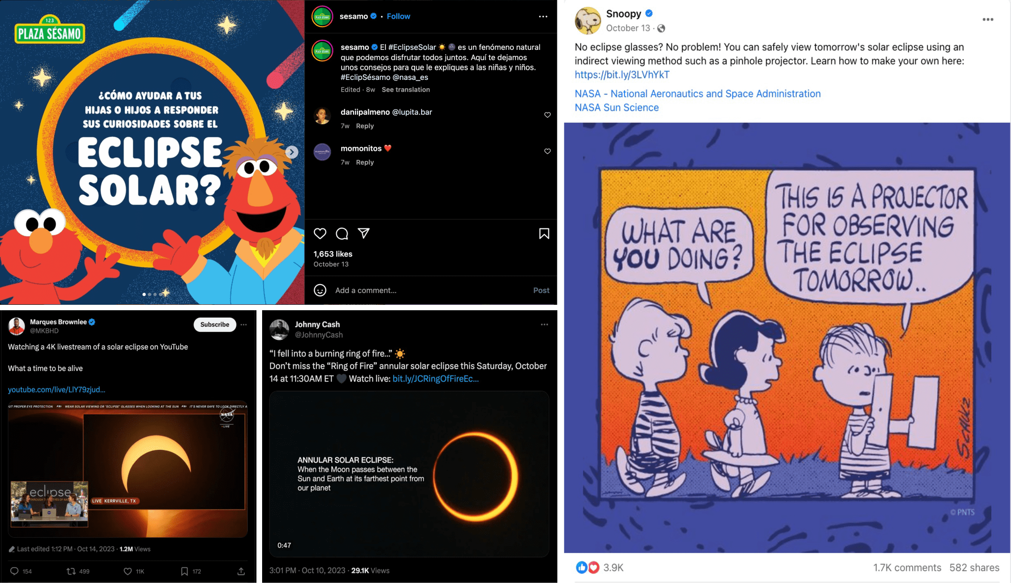 Screenshots of four social media posts – one from Plaza Sesamo, one from Johnny Cash, one from Snoopy, and one from Marques Brownlee