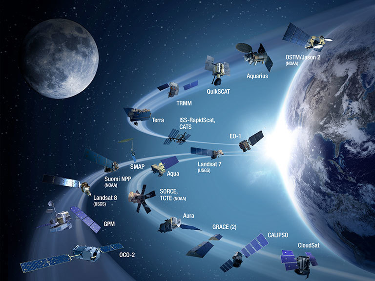 Five new Earth science missions have joined NASA’s orbiting fleet since the launch of the Global Precipitation Measurement mission one year ago. Credit: NASA. View larger image.