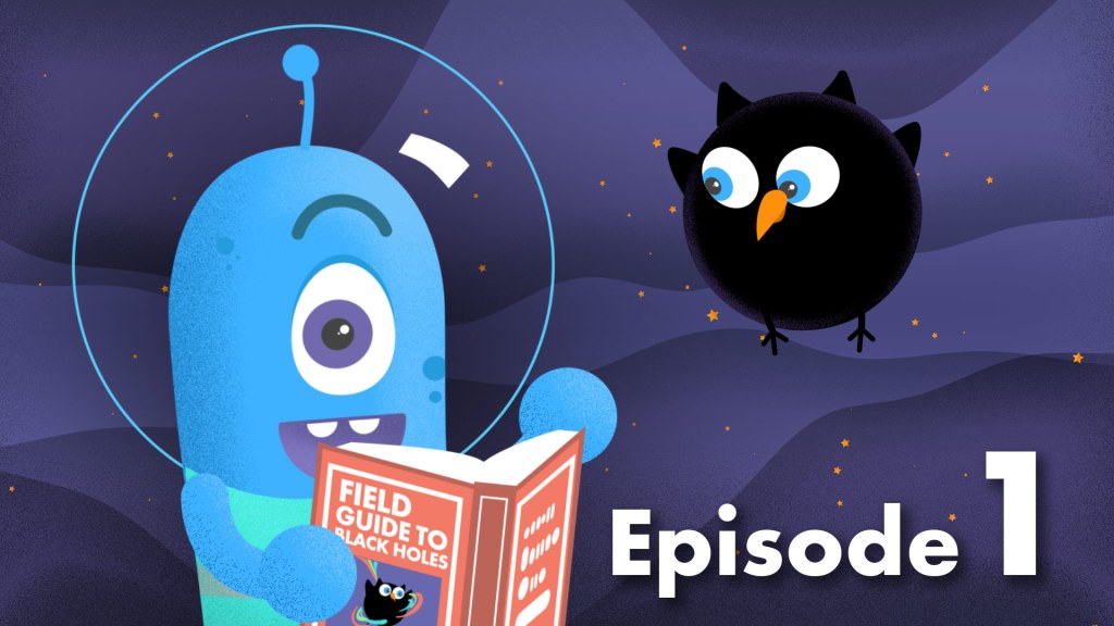 Video thumbnail with a blue cartoon figure holding binoculars and a black bird representing a black hole in the background.