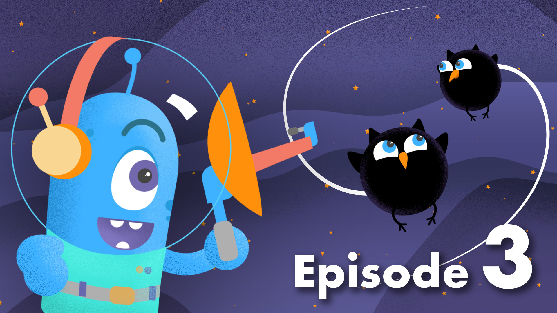 Video thumbnail with a blue cartoon figure holding a listening device toward two black birds that represent black holes.