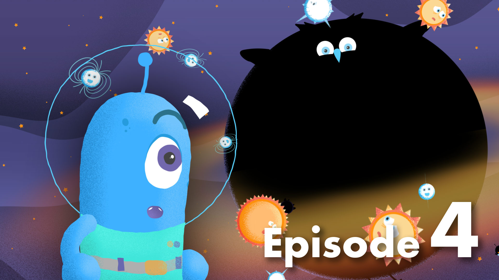 Video thumbnail with a blue cartoon figure and a big black bird representing a supermassive black hole in the background.