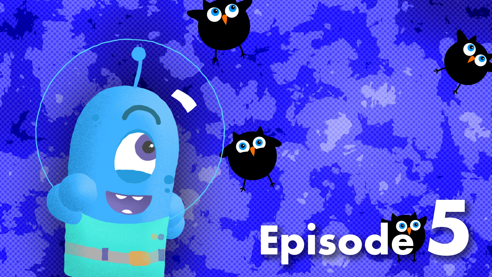 Video thumbnail with a blue cartoon figure and black birds representing black holes in the background.