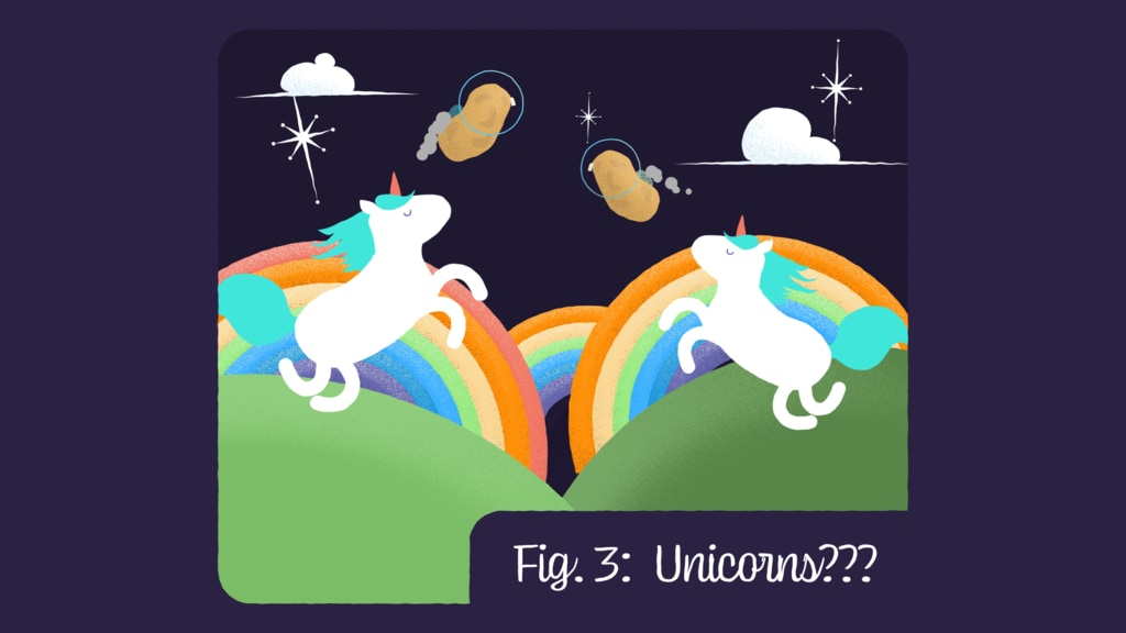 Two cartoon unicorns leap in a landscape with rainbows in this video thumbnail.