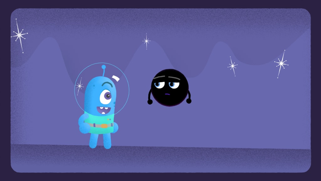 A blue cartoon character smiles happily at a black hole in this video thumbnail.