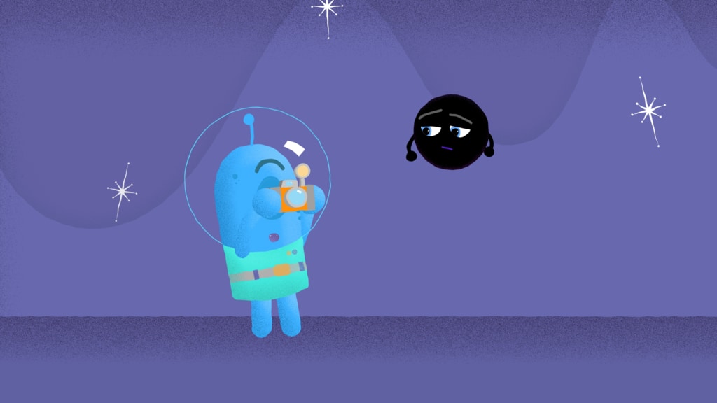 A blue cartoon character looks at a black hole through their camera in this video thumbnail.