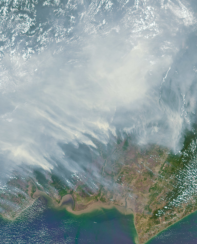 The worst forest fires in nearly two decades are burning out of control on Borneo, creating the thick blanket of smoke in this Oct. 14 image from NASA's MISR instrument. Credit: NASA/JPL-Caltech/MISR instrument team